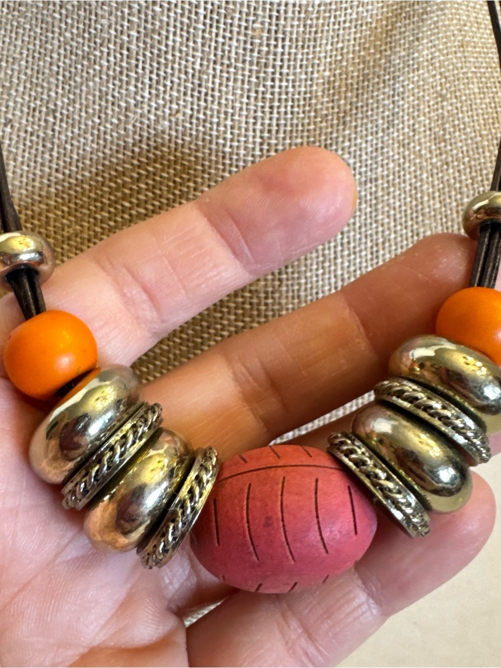 Chico's Necklace Orange Gold Beaded Chunky Leather Multi Stand Statement Jewelry - Picture 11 of 15